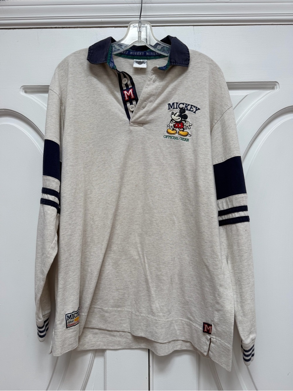 Disney Mickey Mouse Cream and Navy Long Sleeve Polo Rugby Vintage M